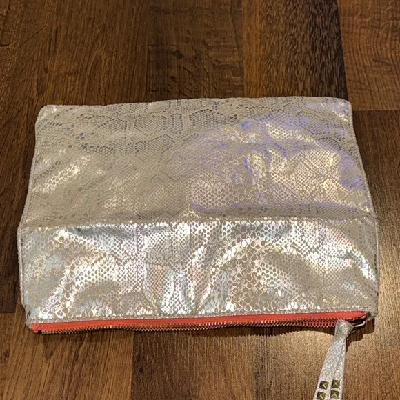 American Eagle Iridescent Metallic Fold-Over Clutch with Coral Zipper - Picture 8 of 11